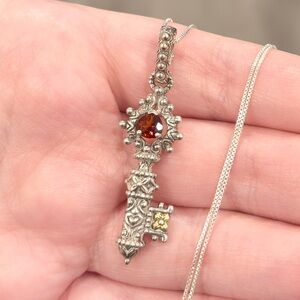 Barbara Bixby Garnet Heart Key Pendant, 925 Silver 18K Floral Ornate Gothic